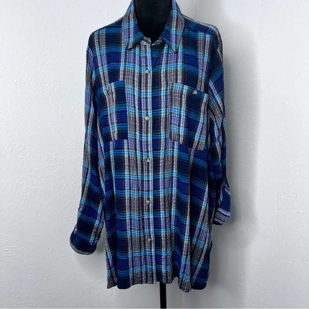 Intro Plus Size Women Plaid Print 3/4 Roll-Tab Sleeve Button Front Shirt 2X